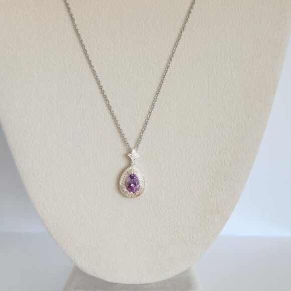 Purple Amethyst Pendant Necklace Stainless Steel Chain - Picture 3 of 9